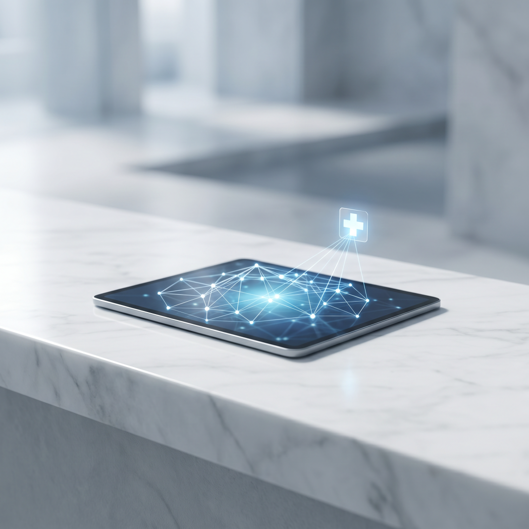 5 Benefits of Telepharmacy for Independent Pharmacies A sleek digital tablet on a minimalist counter displaying a glowing medical network, representing telepharmacy technology.