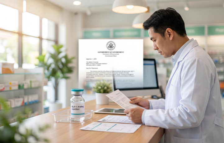 Pharmacist reviewing FDA documents with GLP-1 medication vial on pharmacy counter