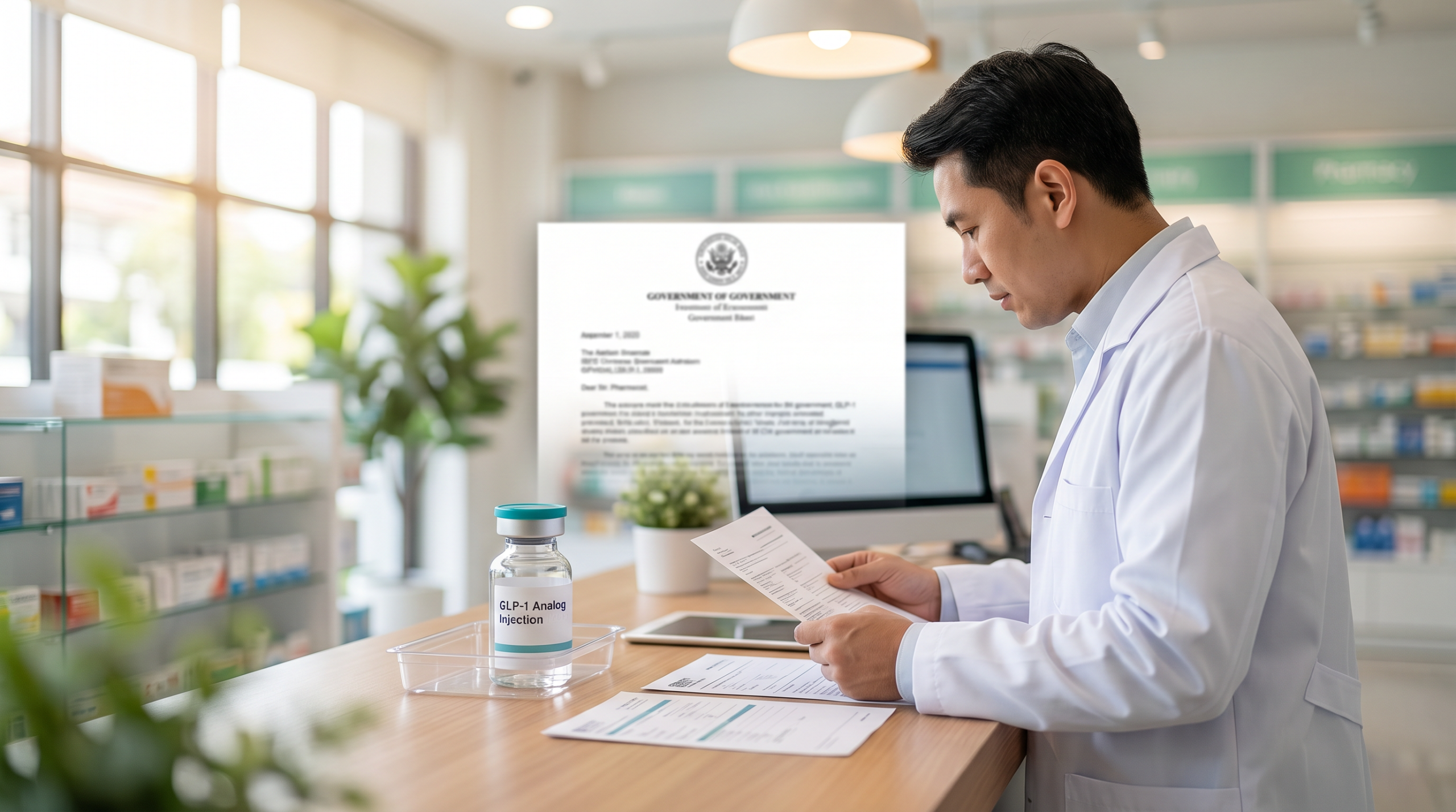 Pharmacist reviewing FDA documents with GLP-1 medication vial on pharmacy counter