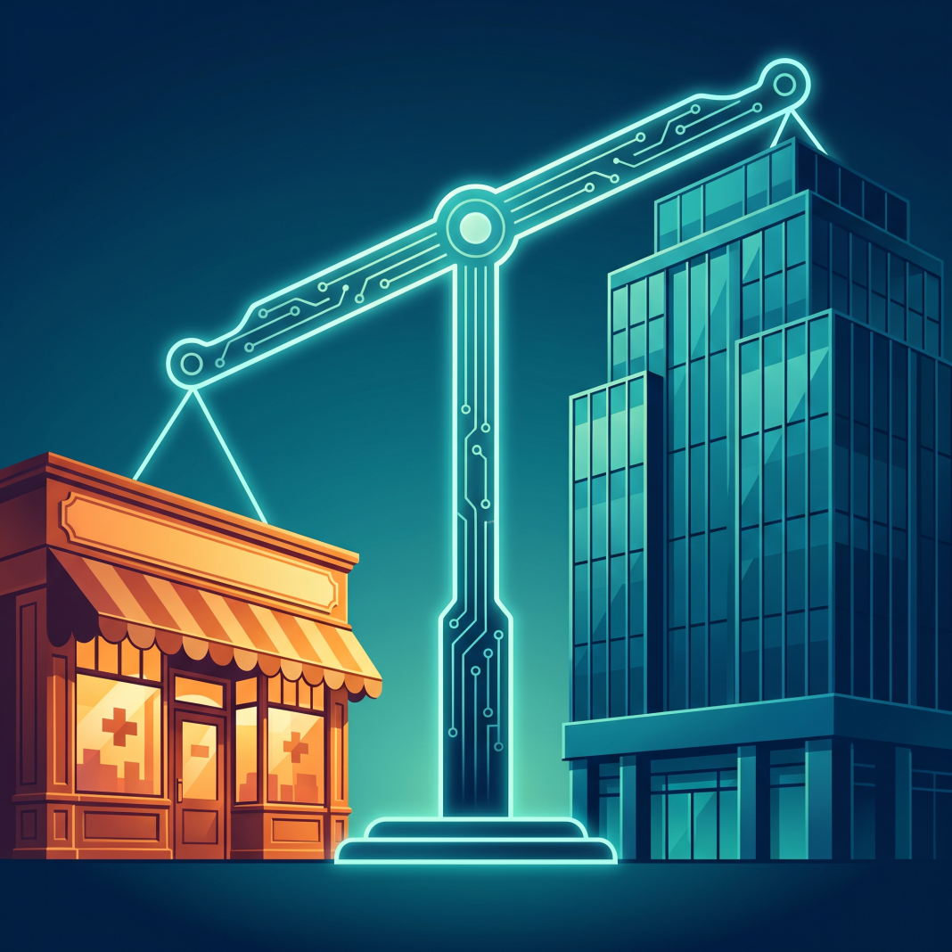 Understanding the Impact of PBMs on Independent Pharmacies A stylized illustration of a scale balancing a small community pharmacy with a large corporate entity, representing the impact of PBMs.