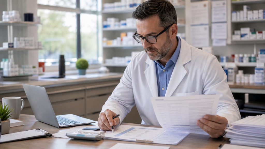 A realistic editorial image representing reimbursement review rhythm for independent pharmacy professionals.
