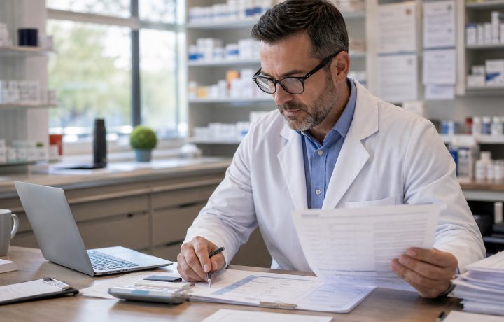 A realistic editorial image representing reimbursement review rhythm for independent pharmacy professionals.