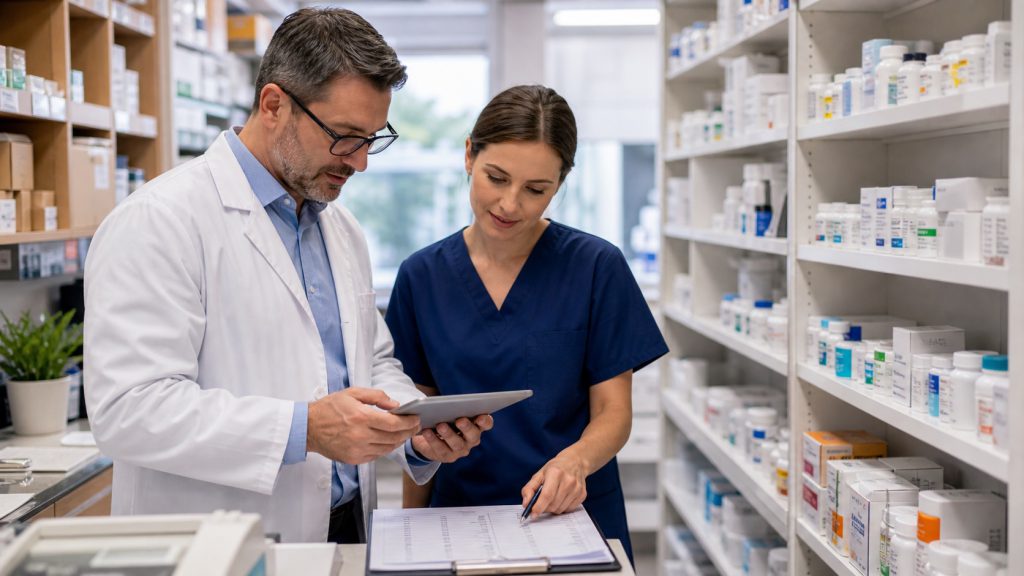 A realistic editorial image representing inventory cash-flow discipline for independent pharmacy professionals.