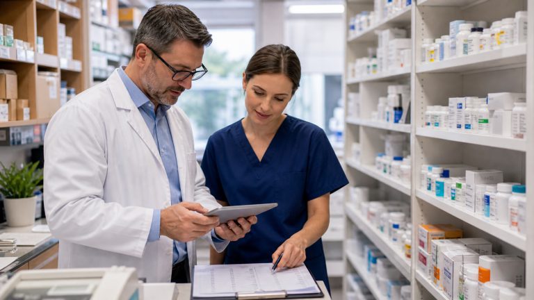 A realistic editorial image representing inventory cash-flow discipline for independent pharmacy professionals.