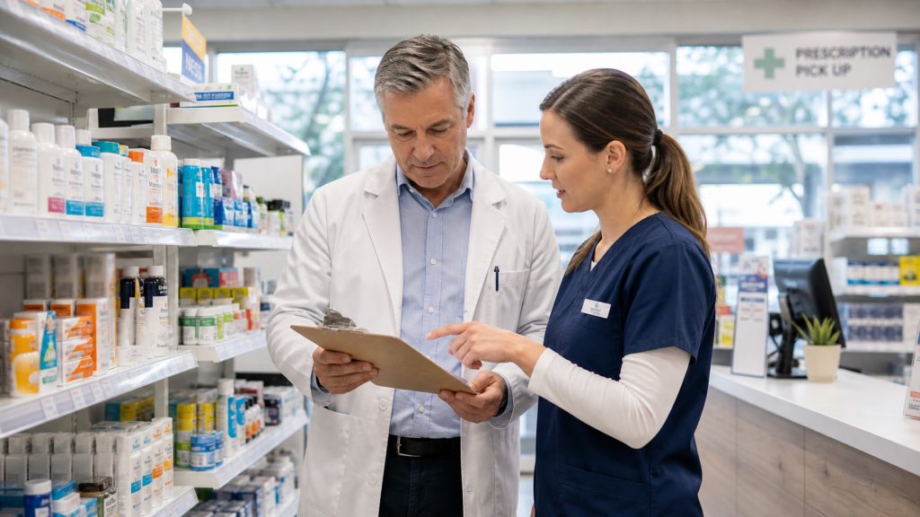 A realistic editorial image representing front-end profit planning for independent pharmacy professionals.