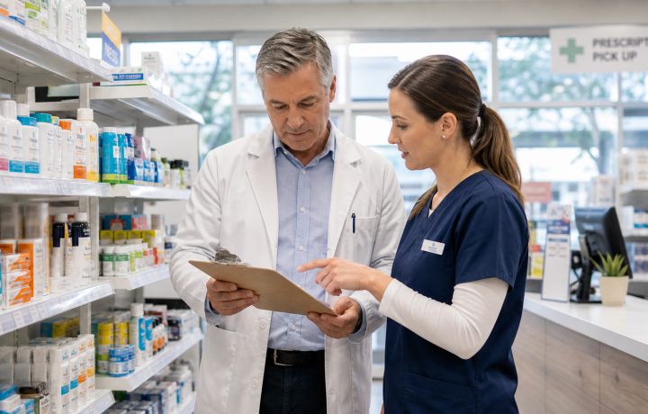 A realistic editorial image representing front-end profit planning for independent pharmacy professionals.