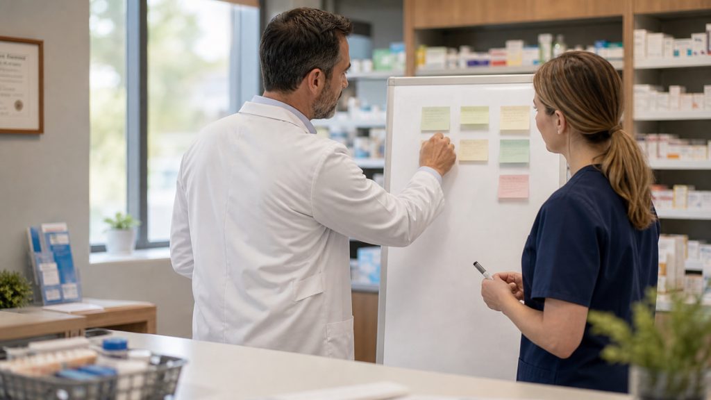 A realistic editorial image representing focused pharmacy growth strategy for independent pharmacy professionals.