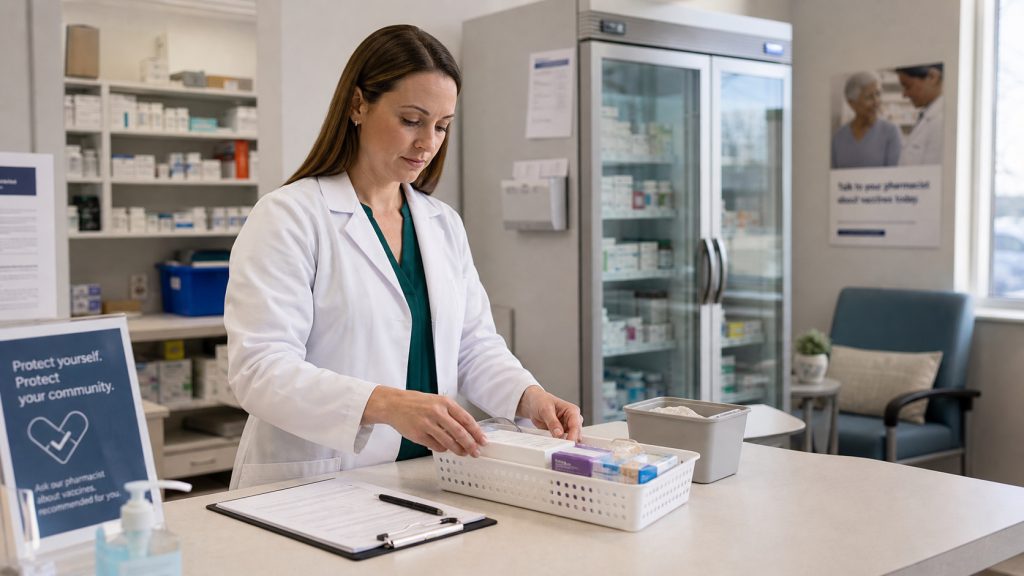 A realistic editorial image representing vaccine workflow planning for independent pharmacy professionals.