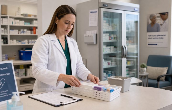 A realistic editorial image representing vaccine workflow planning for independent pharmacy professionals.