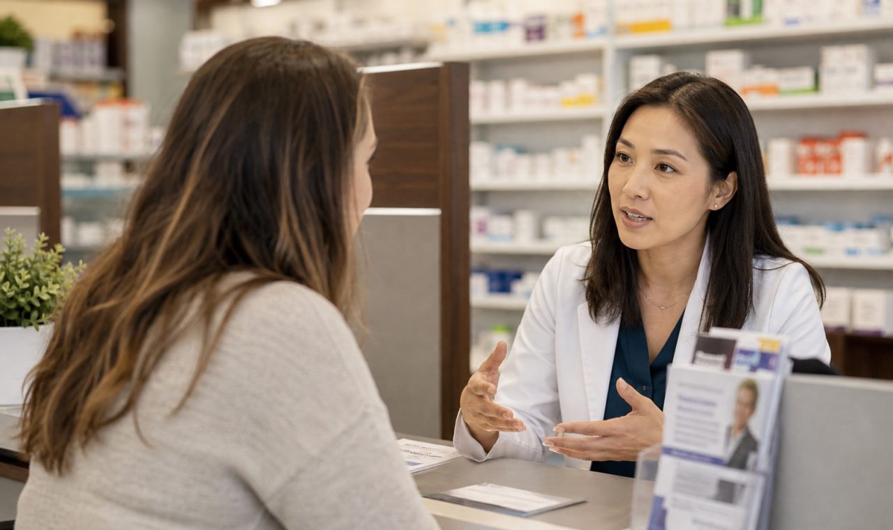 A realistic editorial image representing behavioral health conversations at the pharmacy counter for independent pharmacy professionals.