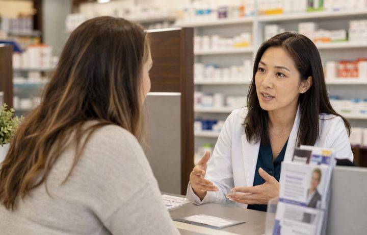A realistic editorial image representing behavioral health conversations at the pharmacy counter for independent pharmacy professionals.