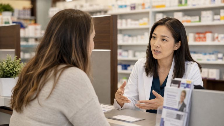 A realistic editorial image representing behavioral health conversations at the pharmacy counter for independent pharmacy professionals.