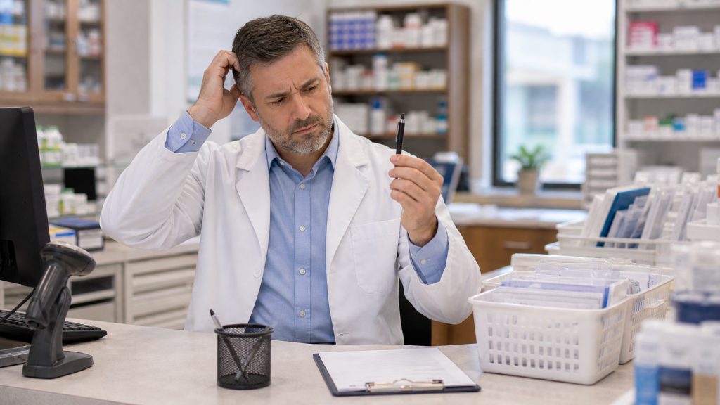 A realistic editorial image representing pharmacy workplace humor about vanishing pens for independent pharmacy professionals.