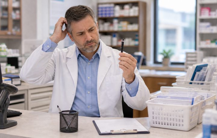 A realistic editorial image representing pharmacy workplace humor about vanishing pens for independent pharmacy professionals.