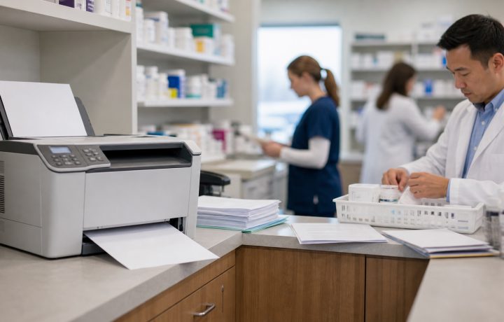 A realistic editorial image representing pharmacy workplace humor about a busy printer for independent pharmacy professionals.
