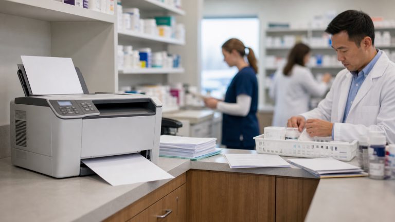 A realistic editorial image representing pharmacy workplace humor about a busy printer for independent pharmacy professionals.