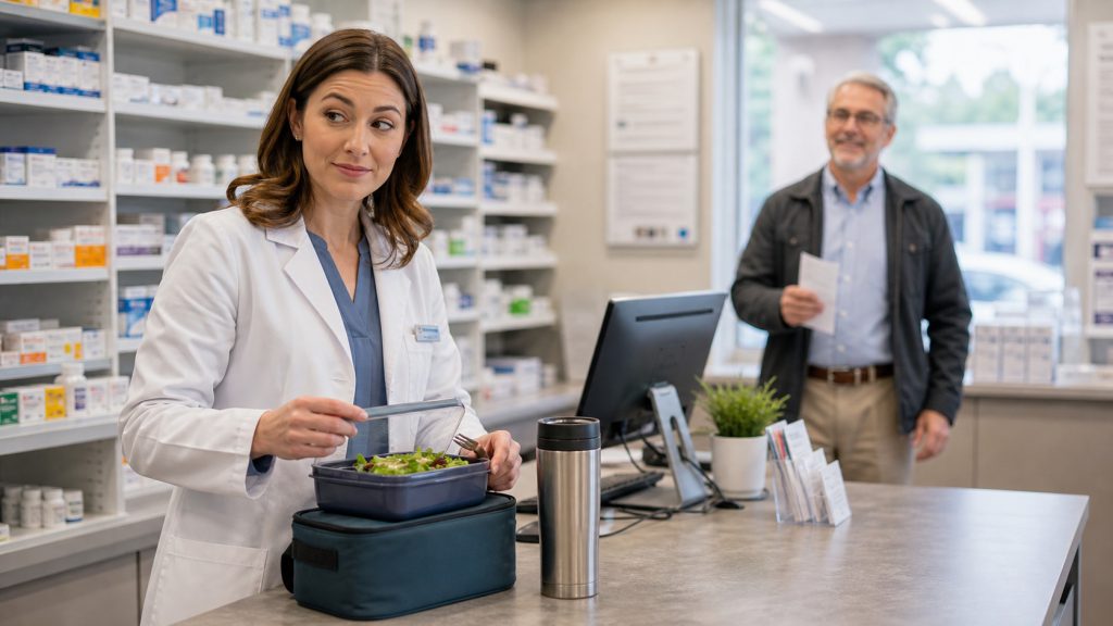 A realistic editorial image representing lunch break patient flow in an independent pharmacy.