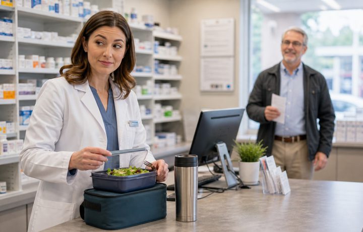 A realistic editorial image representing lunch break patient flow in an independent pharmacy.