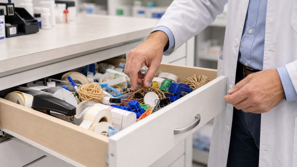 A realistic editorial image representing pharmacy workroom organization for independent pharmacy professionals.