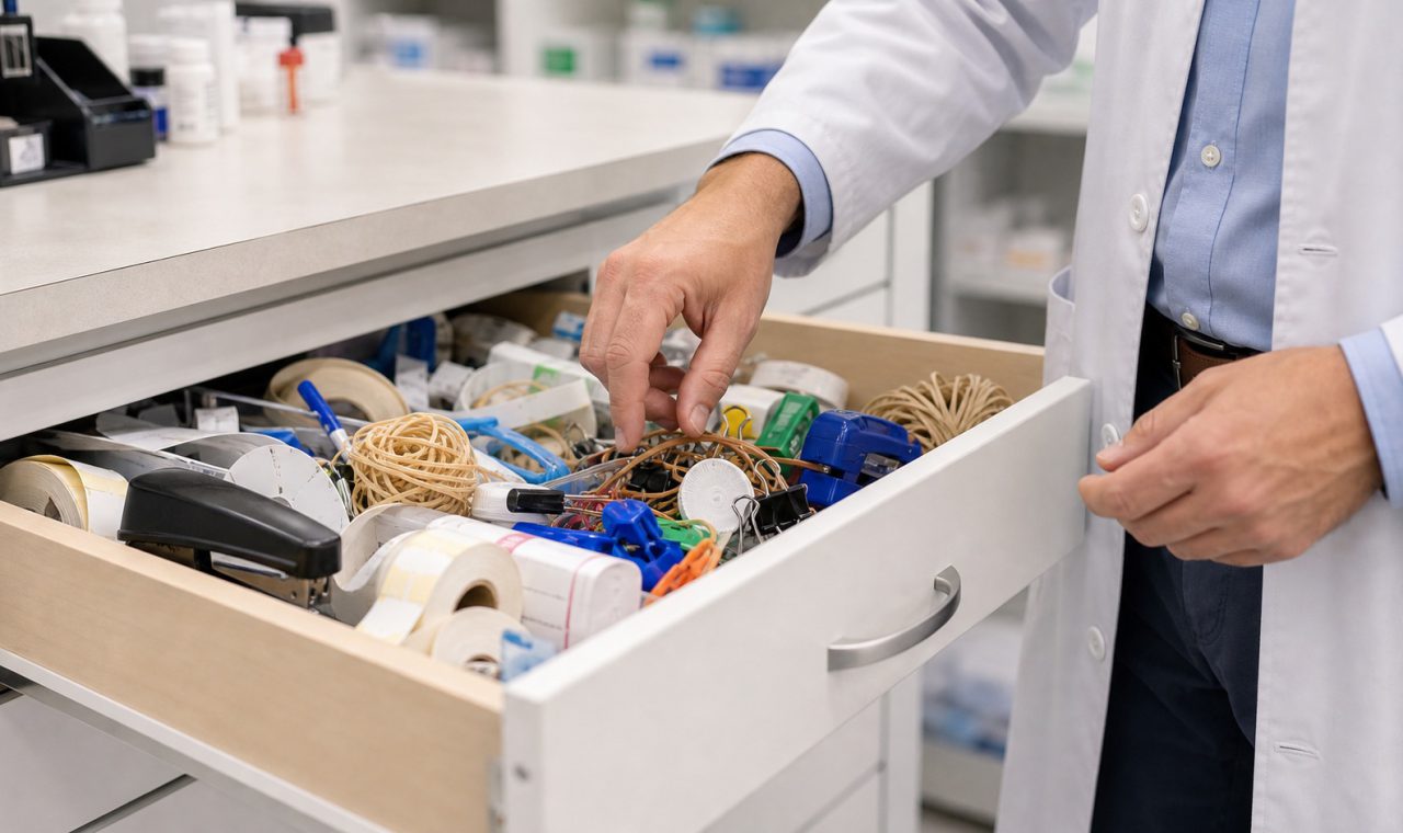 A realistic editorial image representing pharmacy workroom organization for independent pharmacy professionals.