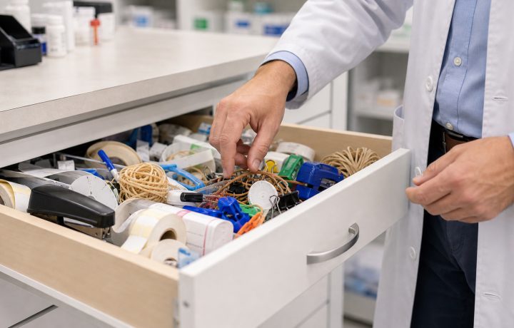 A realistic editorial image representing pharmacy workroom organization for independent pharmacy professionals.