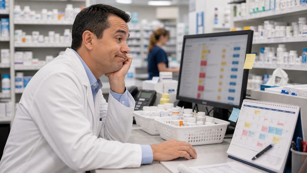 A realistic editorial image representing refill queue pressure and scheduling for independent pharmacy professionals.