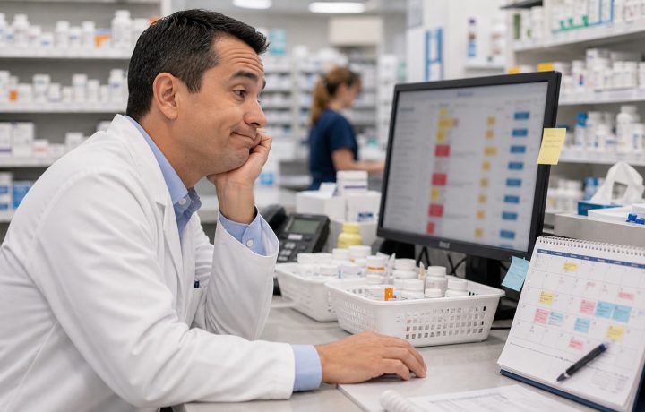 A realistic editorial image representing refill queue pressure and scheduling for independent pharmacy professionals.