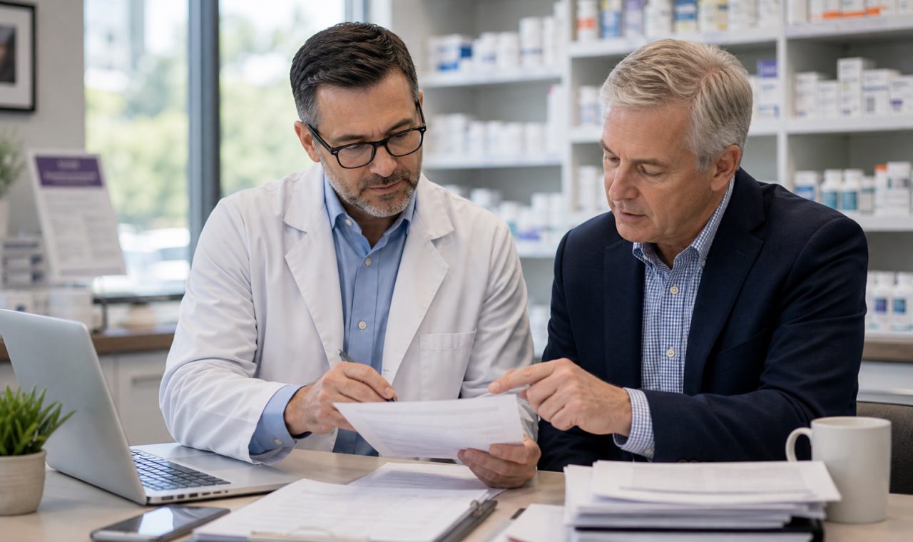 A realistic editorial image representing Medicare drug pricing planning for independent pharmacy professionals.
