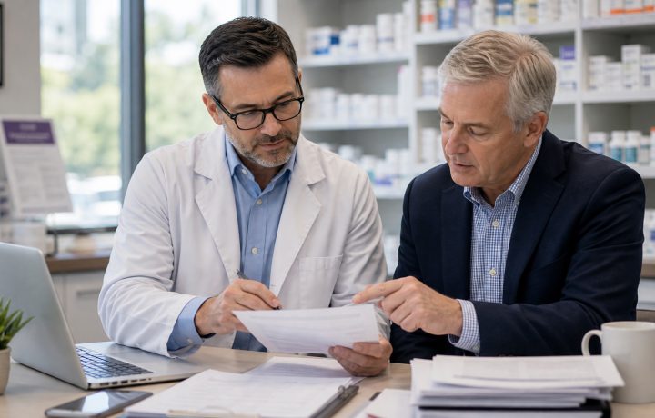 A realistic editorial image representing Medicare drug pricing planning for independent pharmacy professionals.