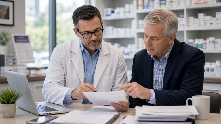A realistic editorial image representing Medicare drug pricing planning for independent pharmacy professionals.