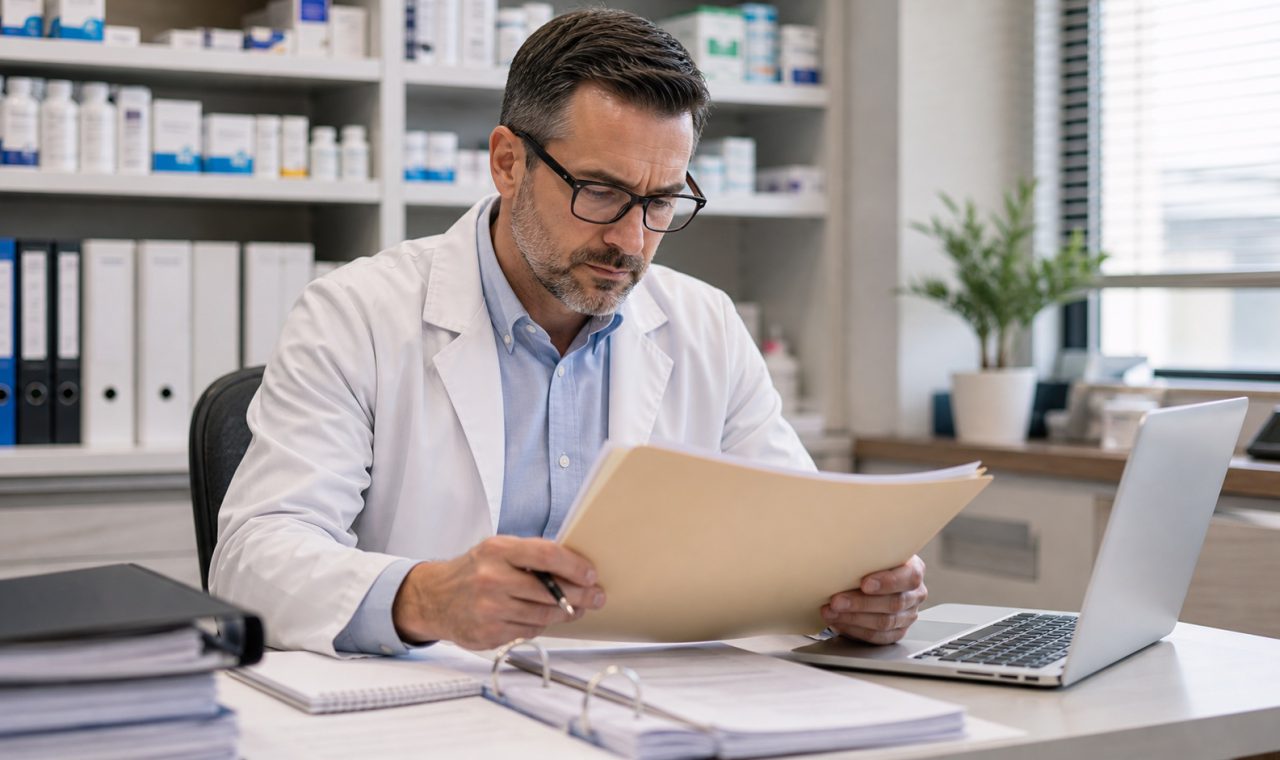 A realistic editorial image representing enforcement language review for independent pharmacy professionals.
