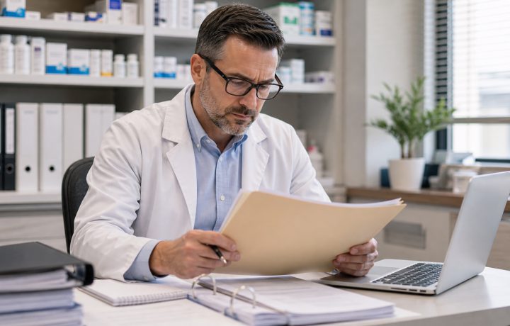 A realistic editorial image representing enforcement language review for independent pharmacy professionals.