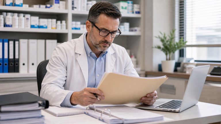 A realistic editorial image representing enforcement language review for independent pharmacy professionals.