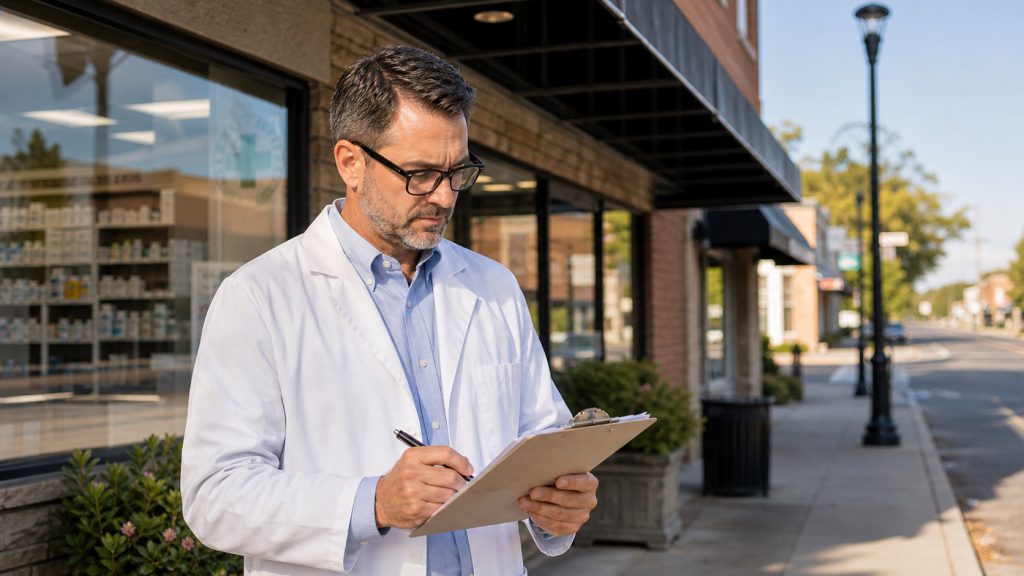 A realistic editorial image representing local community pharmacy closure signals for independent pharmacy professionals.