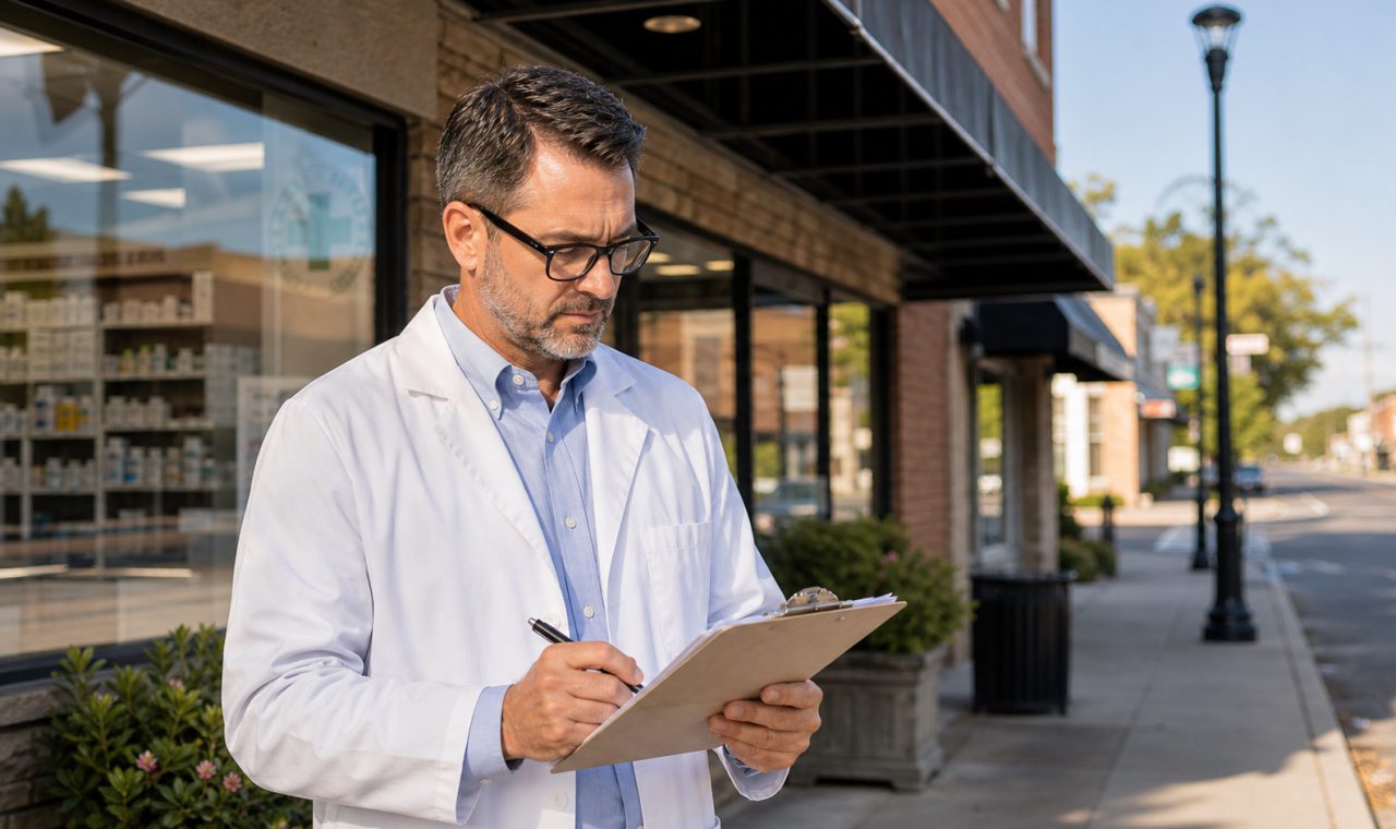A realistic editorial image representing local community pharmacy closure signals for independent pharmacy professionals.