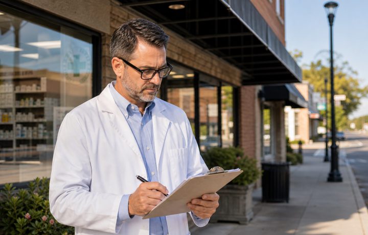 A realistic editorial image representing local community pharmacy closure signals for independent pharmacy professionals.