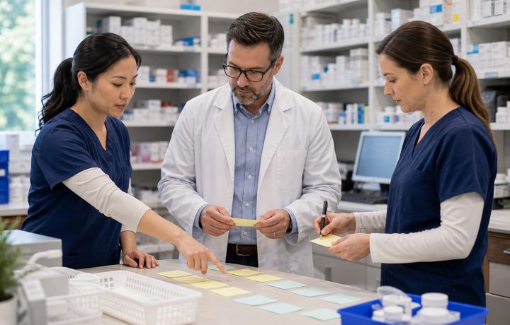 A realistic editorial image representing workflow innovation for independent pharmacy professionals.