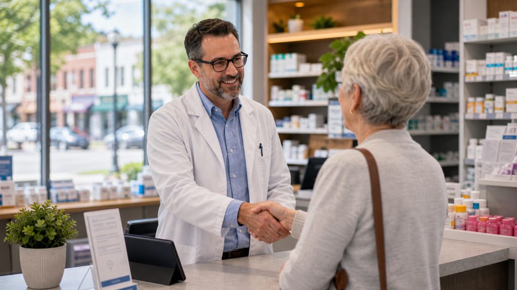 A realistic editorial image representing the local pharmacy business model for independent pharmacy professionals.