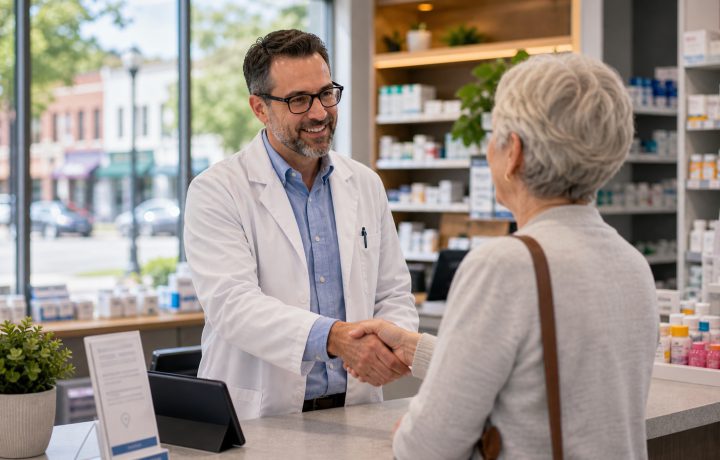 A realistic editorial image representing the local pharmacy business model for independent pharmacy professionals.