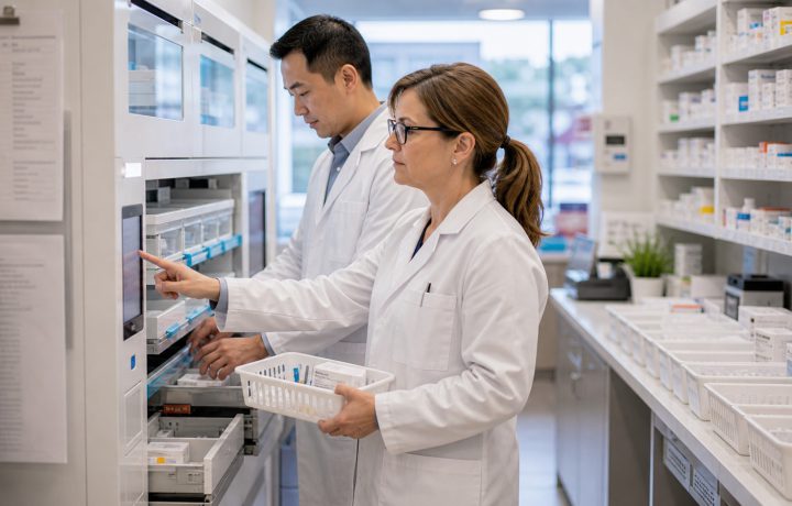 A realistic editorial image representing pharmacy automation that reduces decision fatigue for independent pharmacy professionals.