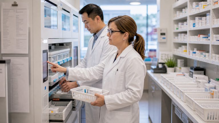 A realistic editorial image representing pharmacy automation that reduces decision fatigue for independent pharmacy professionals.
