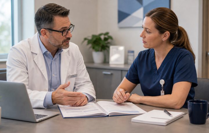 A realistic editorial image representing employer clinic and local pharmacy partnerships for independent pharmacy professionals.