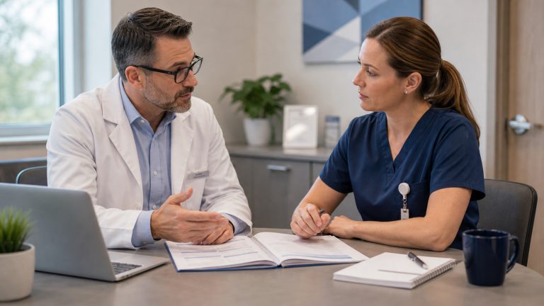 A realistic editorial image representing employer clinic and local pharmacy partnerships for independent pharmacy professionals.