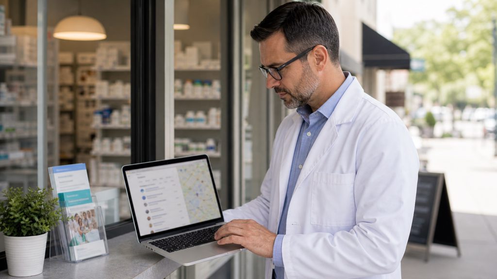 A realistic editorial image representing local pharmacy SEO strategy for independent pharmacy professionals.