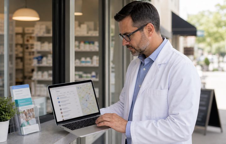 A realistic editorial image representing local pharmacy SEO strategy for independent pharmacy professionals.