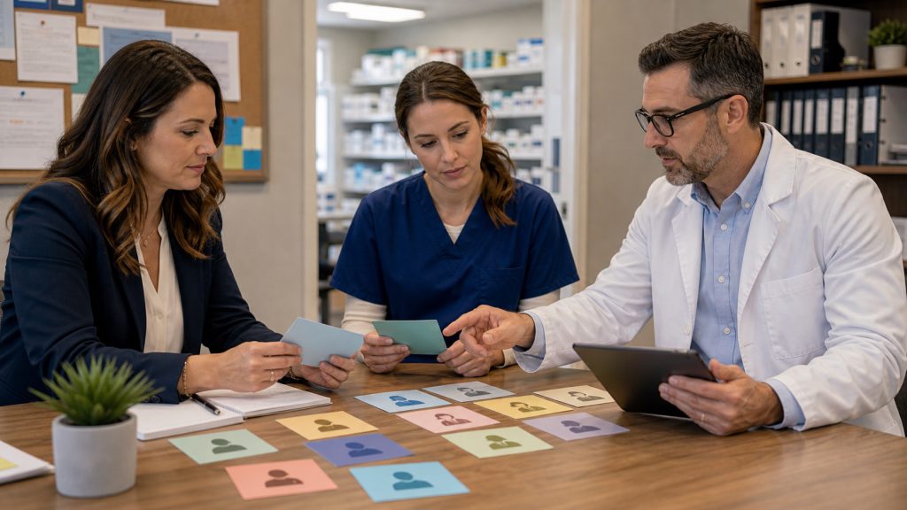 A realistic editorial image representing patient personas and follow-up strategy for independent pharmacy professionals.