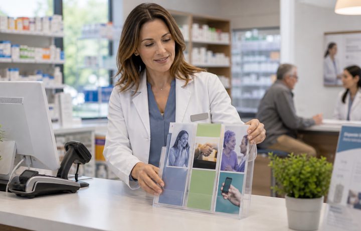 A realistic editorial image representing community pharmacy branding for independent pharmacy professionals.