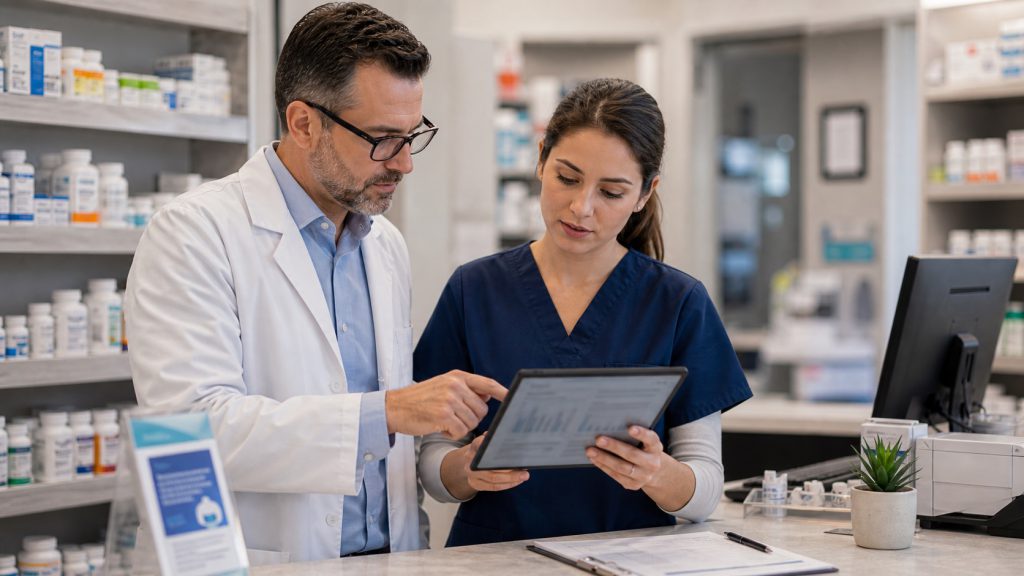 A realistic editorial image representing online reviews as an operations signal for independent pharmacy professionals.