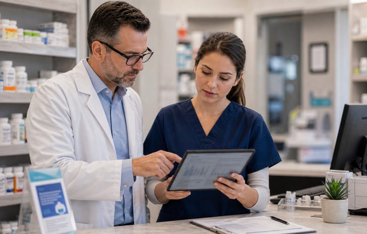 A realistic editorial image representing online reviews as an operations signal for independent pharmacy professionals.