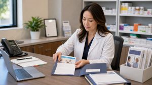 A realistic editorial image representing referral growth and prescriber coordination for independent pharmacy professionals.